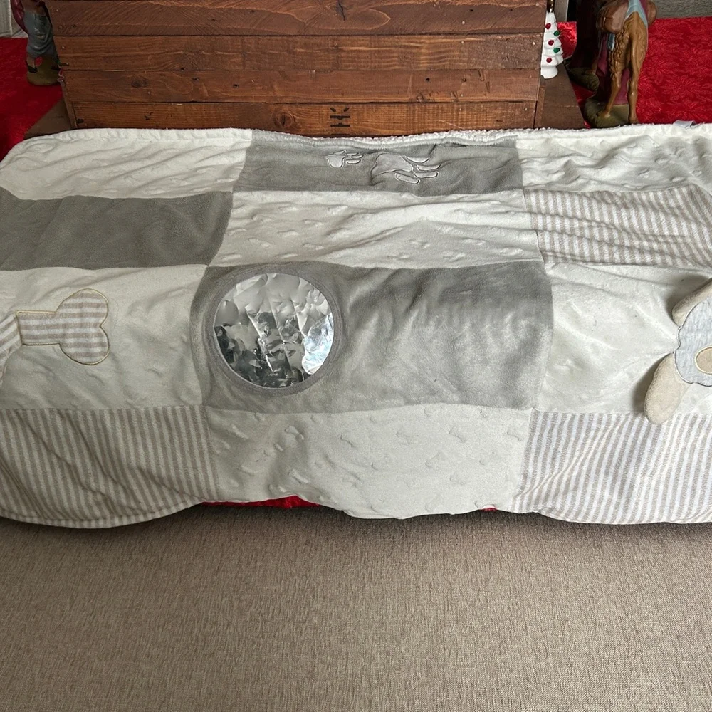 Gray and Cream Patchwork Dog Blanket with built in Toys